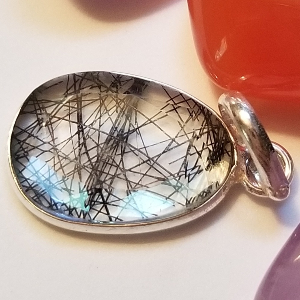 Black and white rutilated quartz pendant w/chain